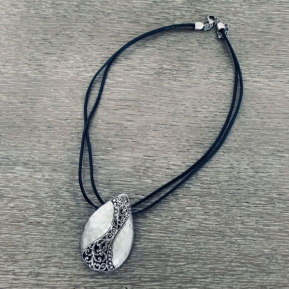 Silver Scroll Teardrop Pendant Black Cord Necklace - Picture 5 of 5